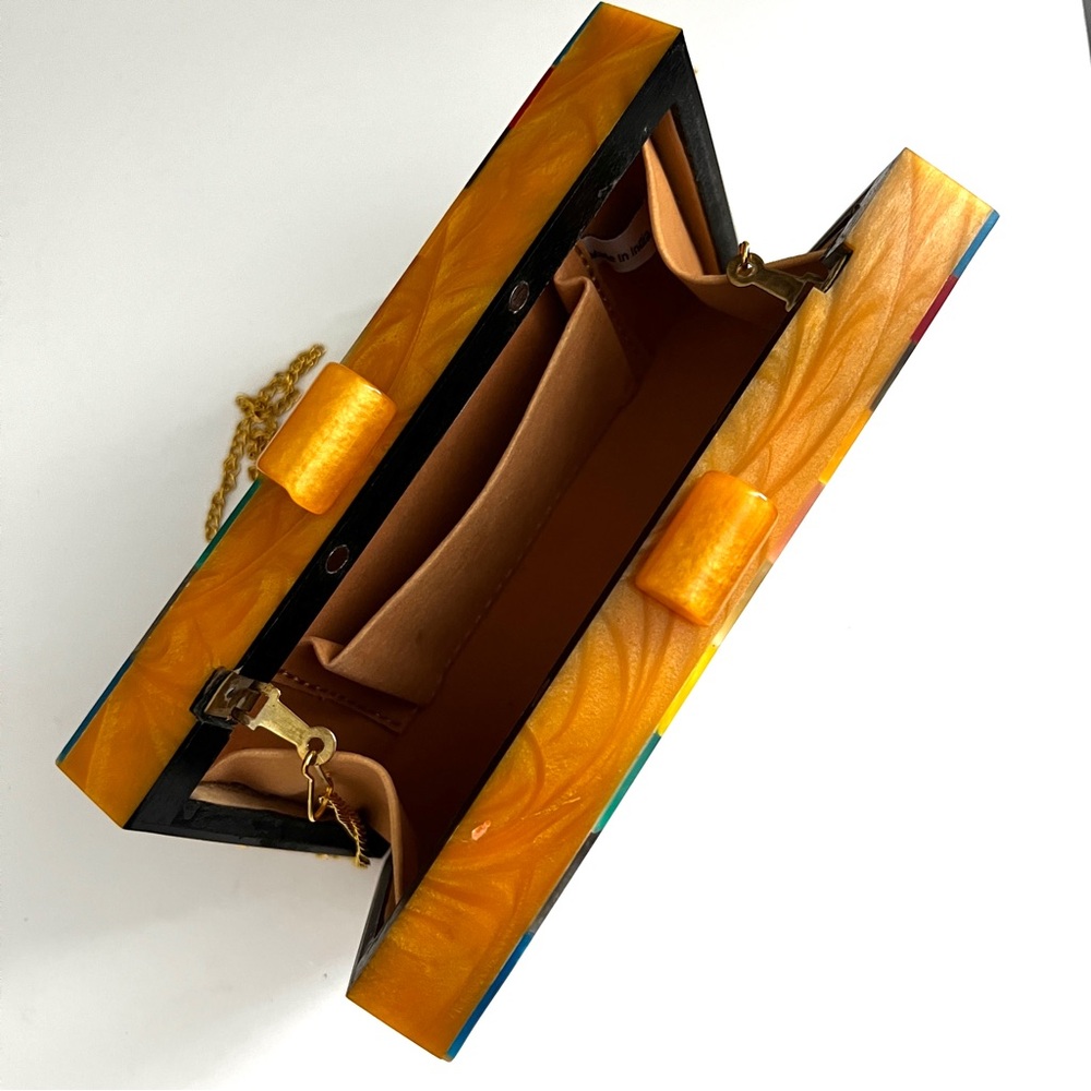 Wood Acrylic Inlay Box Purse Clutch Rainbow Sunburst Design Gold Chain Strap - Picture 6 of 7
